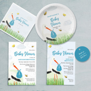 Cute Blue Stork Baby Shower Thank You Card