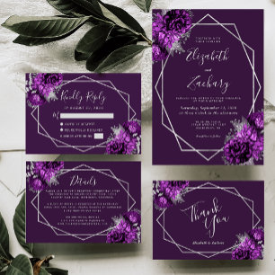 Purple Plum Silver Floral Wedding Invitation