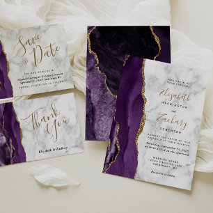 Modern Purple Gold Agate Marble Wedding Invitation