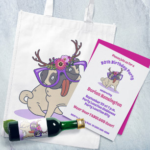 Cute Boho Floral Hippie Pug Fabulous 50th Birthday Invitation