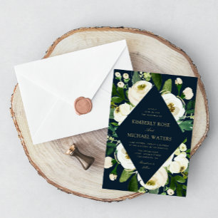 Ivory white floral frame navy wedding invitation