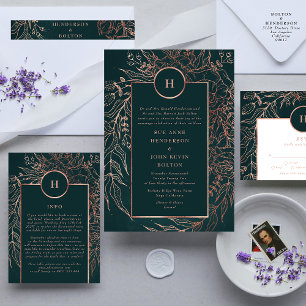 Emerald Dusty Rose Gold Monogram Wreath Wedding Invitation