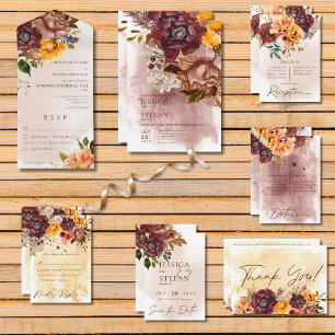Rustic Fall Burgundy & Yellow Floral Tan QR Code All In One Invitation