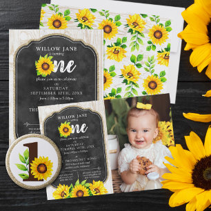 Sunflower & Gold ONE Baby Girl 1st Birthday Party Button