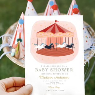 Watercolor pink Carousel Carnival Birthday Invitation
