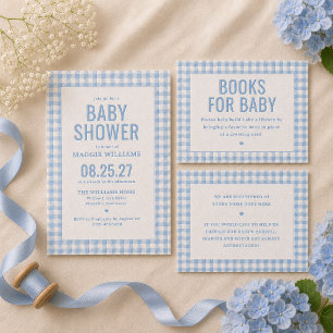 Blue Gingham Boy Baby Shower Letterpress Invitation