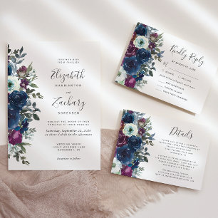 Watercolor Floral Plum Navy Blue Wedding Invitation