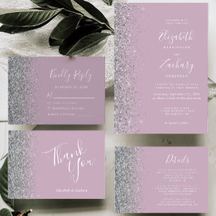 Silver Glitter Dusty Purple Wedding Thank You Card