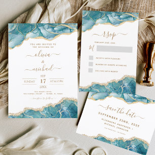 Agate QR Code Turquoise Teal Gold Wedding Invitation