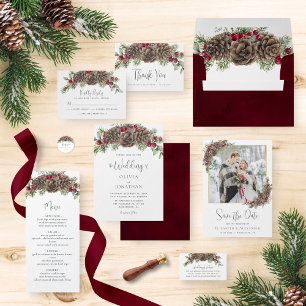 Elegant Winter Berries Pine Cone Christmas Wedding Foil Invitation