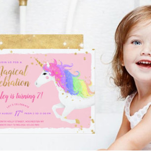 Unicorn Birthday Invitation   Magical Gold Rainbow