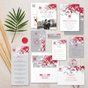 Red & Gray Bamboo Leaves Double Happiness Wedding Table Number