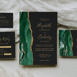 Chic Emerald Green Gold Agate Dark Wedding Invitation
