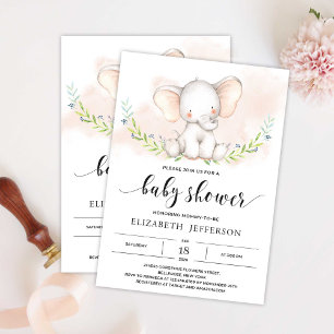 Cute Elephant Girl Baby Shower Invitation Blush