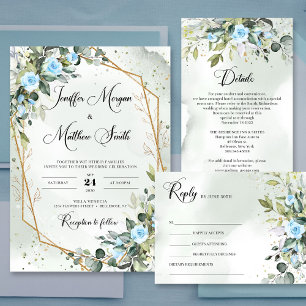 Romantic Blue flowers and eucalyptus and gold 