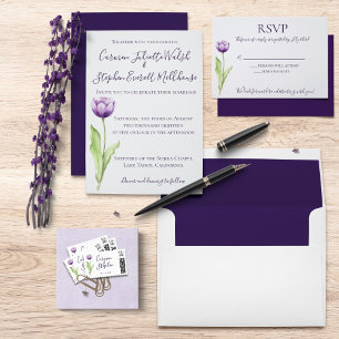 Minimalist Deep Purple Single Tulip Wedding Invitation