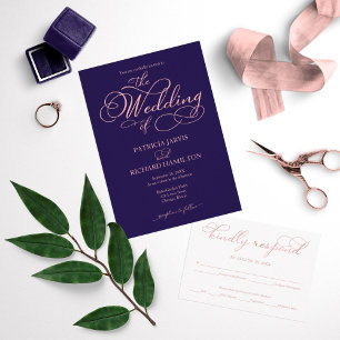Elegant Navy Blue Rose Gold Foil Script Wedding Invitation