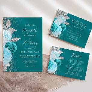 Watercolor Floral Turquoise Silver Wedding Details Enclosure Card