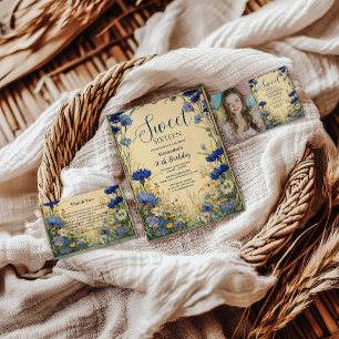 Blue Cornflower Art Nouveau Sweet Sixteen Thank You Card