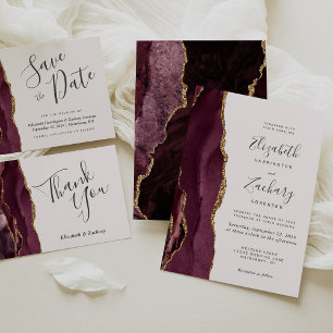 Burgundy Gold Agate Blush Wedding Flat Thank You Card
