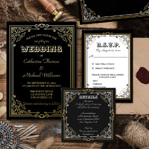Vintage Deco Art Elegant Black & Golden Wedding Foil Invitation