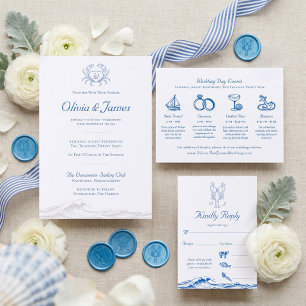 Luxury Coastal Wave Crest Monogram Beach Wedding Letterpress Invitation
