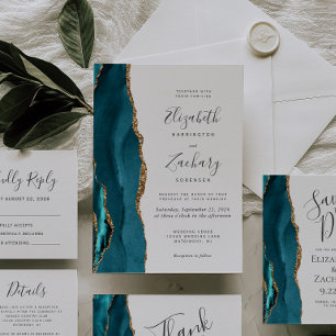 Modern Teal Gold Agate Wedding Invitation