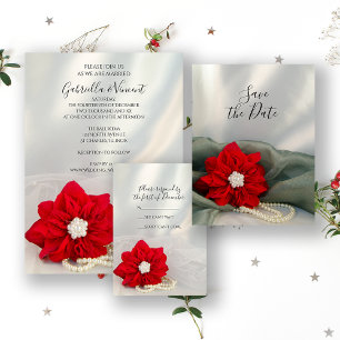 Red Poinsettia Pearls on Green Winter Wedding RSVP