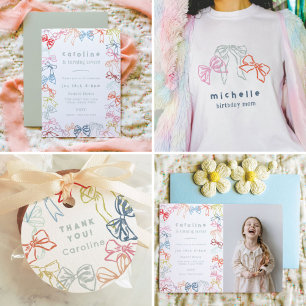 Ribbons and Bows Watercolor Girls Birthday Party Invitation