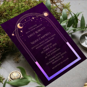 Celestial Rainbow Deep Plum Sun Star Moon Wedding Invitation