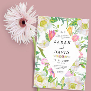 Pink Tulip Floral Geometric Frame Wedding Invite