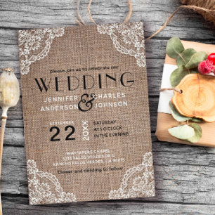 Country Rustic Burlap Fabric Lace Trim Wedding Invitation
