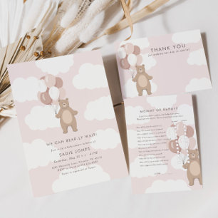 We Can Bearly Wait   Pink Bear Balloon Baby Shower Invitation