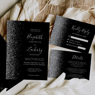 Modern Black Silver Faux Glitter Edge Wedding Invitation