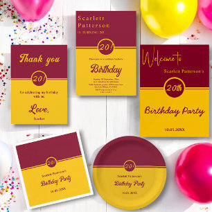 Elegant Burgundy And Gold Trendy 20th Birthday Paper Plates
