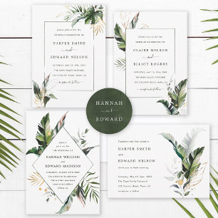 Tropical Green Watercolor Leaves Wedding Invitation