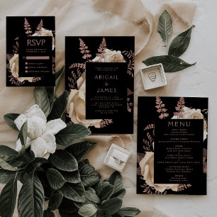 Moody Dark Floral Ivory Rose Gold Wedding RSVP Enclosure Card