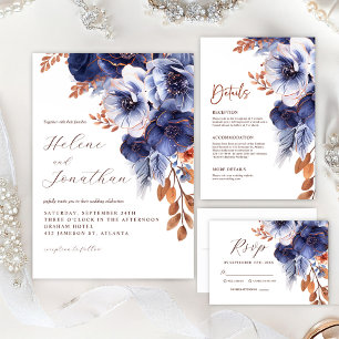 Floral Navy Blue Terracotta Boho Elegant Wedding Save The Date