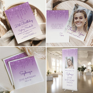 Photo Purple Glitter Drip Birthday Thank You Card