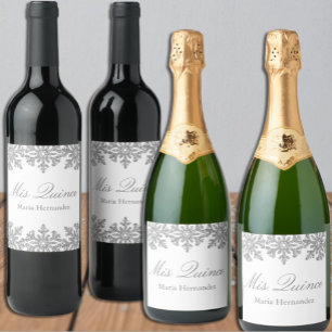 Silver Snowflake Winter Quinceanera Wine Label