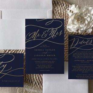 Romantic Gold Foil   Navy Blue Mr & Mrs Wedding Foil Invitation