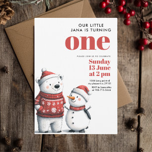 Red Winter Bear & Snowmen Photo Birthday Invitation