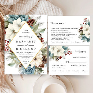 Rustic Dusty Blue Floral Winter Wedding RSVP Card