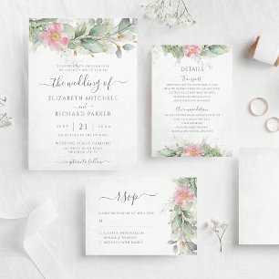 Eucalyptus Greenery Gold Leaves Elegant Wedding Invitation
