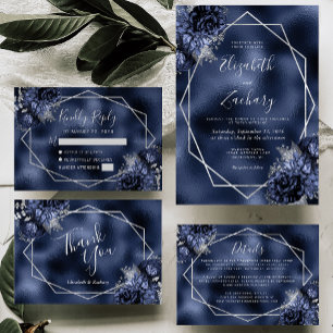 Navy Blue Floral Silver Frame Faux Foil Wedding Invitation