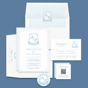 Elegant Blue Hydrangea Monogram Crest Wedding Invitation