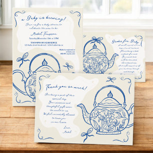 Retro blue bows teapot baby is brewing Baby shower Invitation