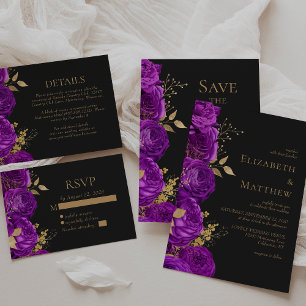 Purple Gold Floral Dark Wedding Details RSVP Card