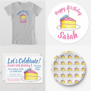 Let's Celebrate Birthday Cake Candle Pink Yellow Invitation