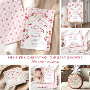 Cherry on Top Pink Bow QR Code Baby Shower Invitation